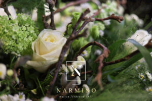 Basket of seasonal white flowers