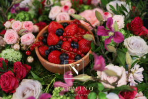 Basket of seasonal flowers and fruits